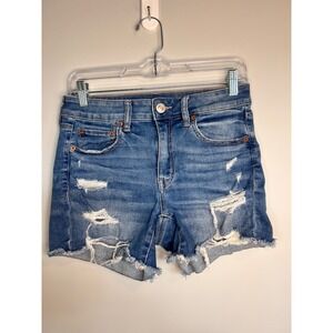American Eagle‎ Midi Stretch Denim Distressed Ripped Frayed Hem Shorts. Size 6